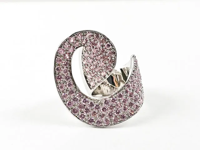 Unique Large Curved Shape With Pink Crystals Thick Silver Ring