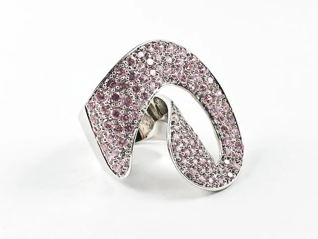 Unique Large Curved Shape With Pink Crystals Thick Silver Ring