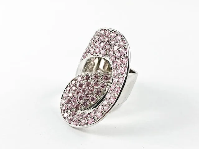 Unique Large Curved Shape With Pink Crystals Thick Silver Ring