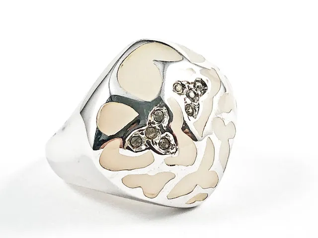 Unique Shape Transparent Gray Crystal Glow With Cute Shiny Metallic Overlay Design Silver Ring