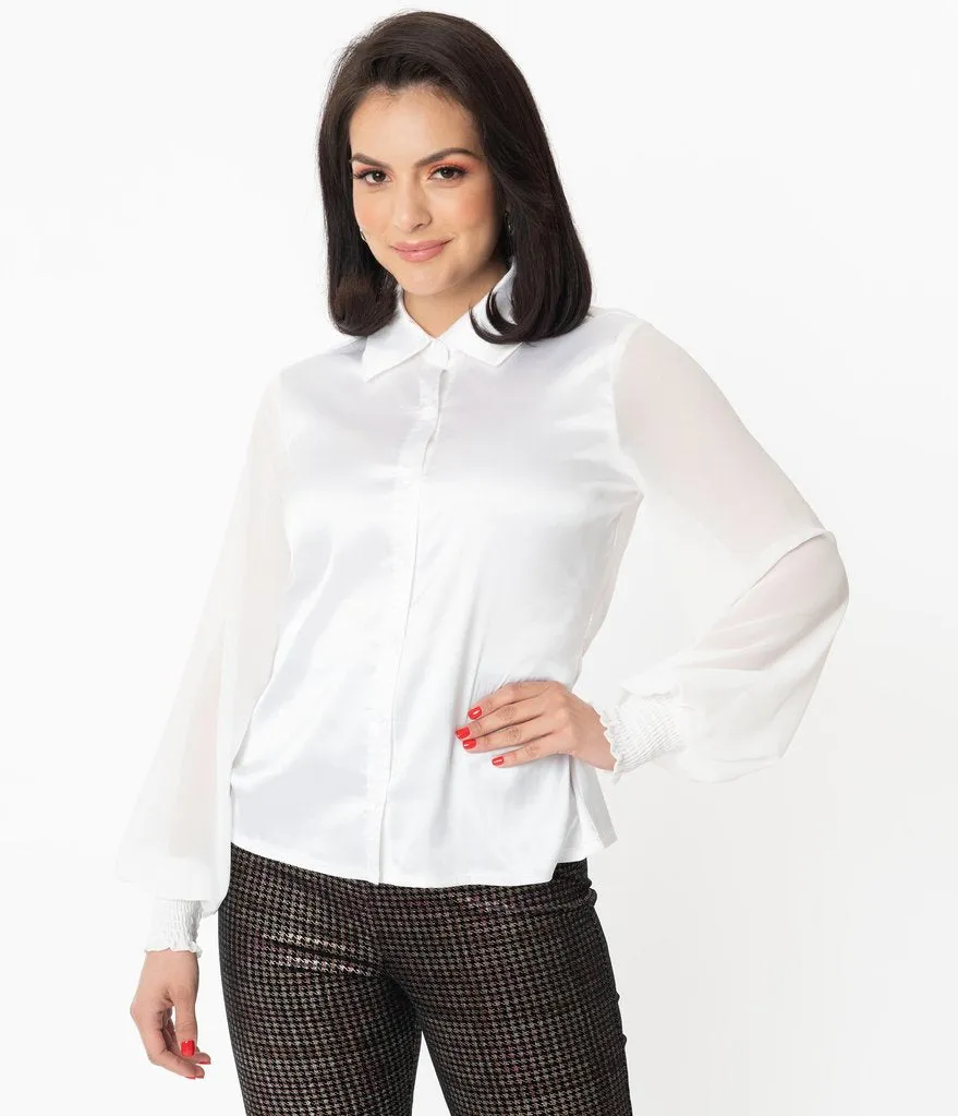 Unique Vintage White Satin Jolene Blouse