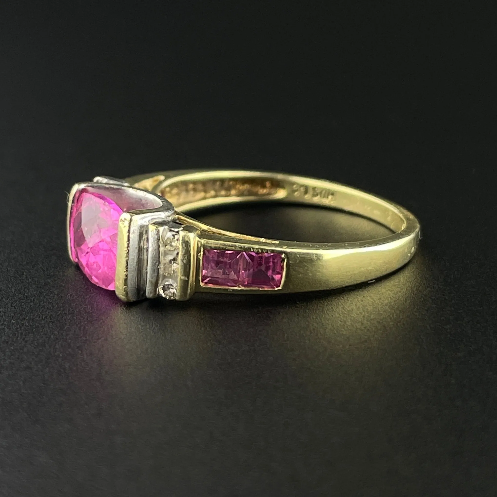 Vintage Diamond Checkerboard Cut Pink Sapphire Ring, Sz 6 3/4