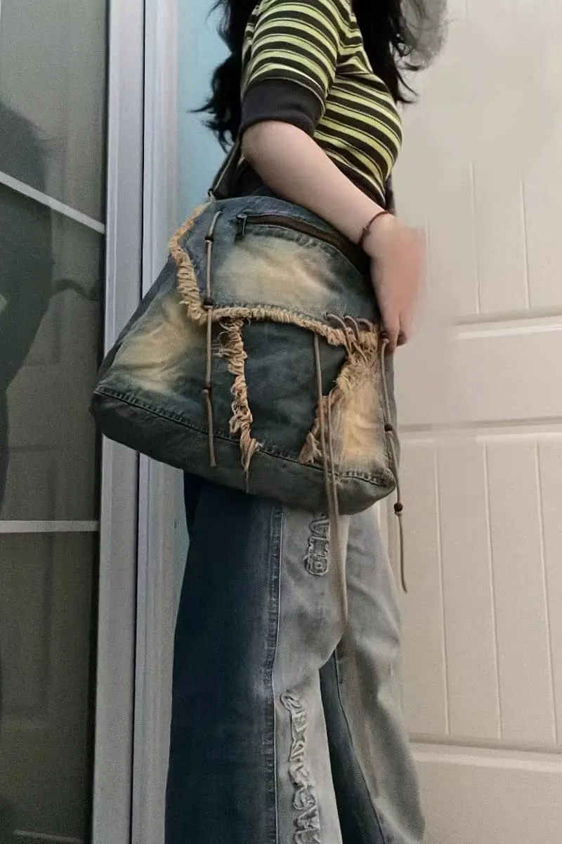 Vintage Washed Denim Fringed Messenger Bag