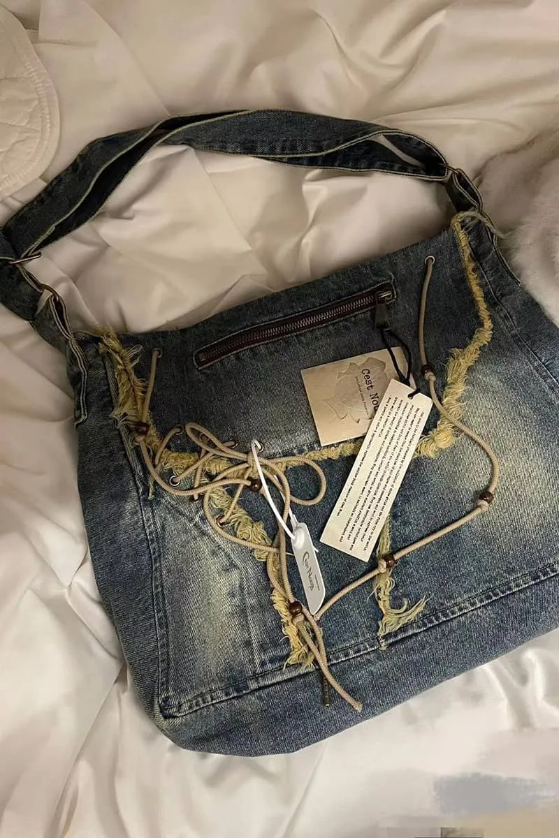 Vintage Washed Denim Fringed Messenger Bag