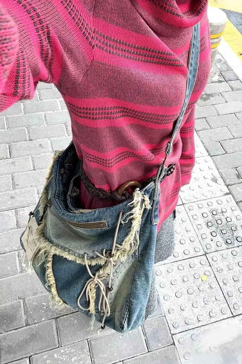Vintage Washed Denim Fringed Messenger Bag