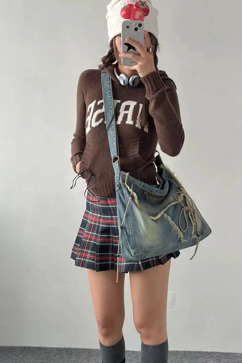 Vintage Washed Denim Fringed Messenger Bag