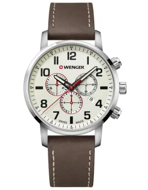 Wenger Mens Attitude Stainless Steel Chrono - Cream Dial - Brown Leather Strap