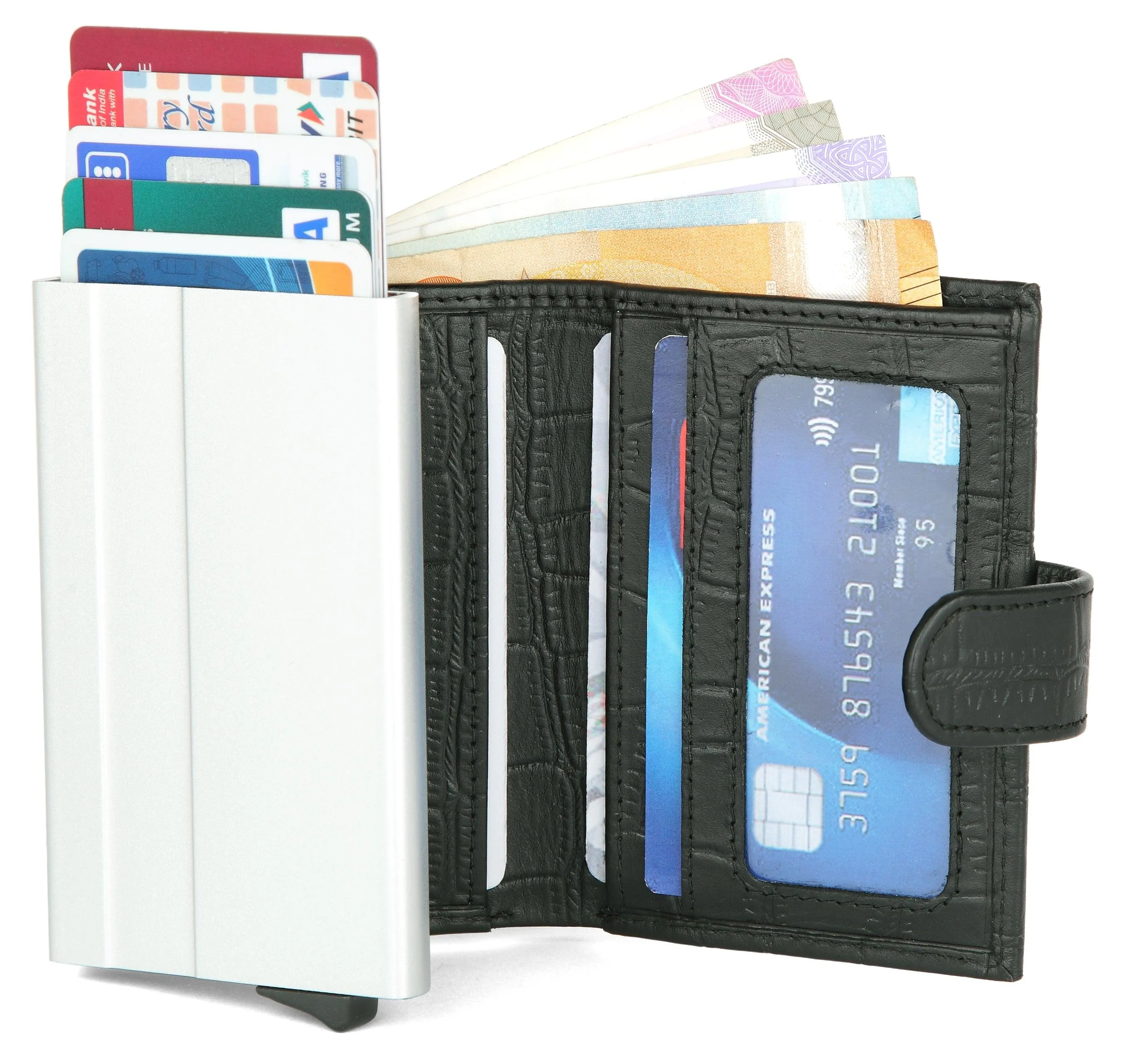 WildHorn® RFID Protected Unisex Genuine Leather Card Holder (Black Croco)