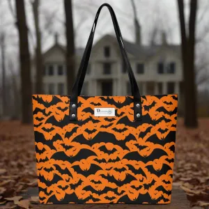 Womens Halloween Bats PU Leather Tote Bag with Front Zipper Pocket
