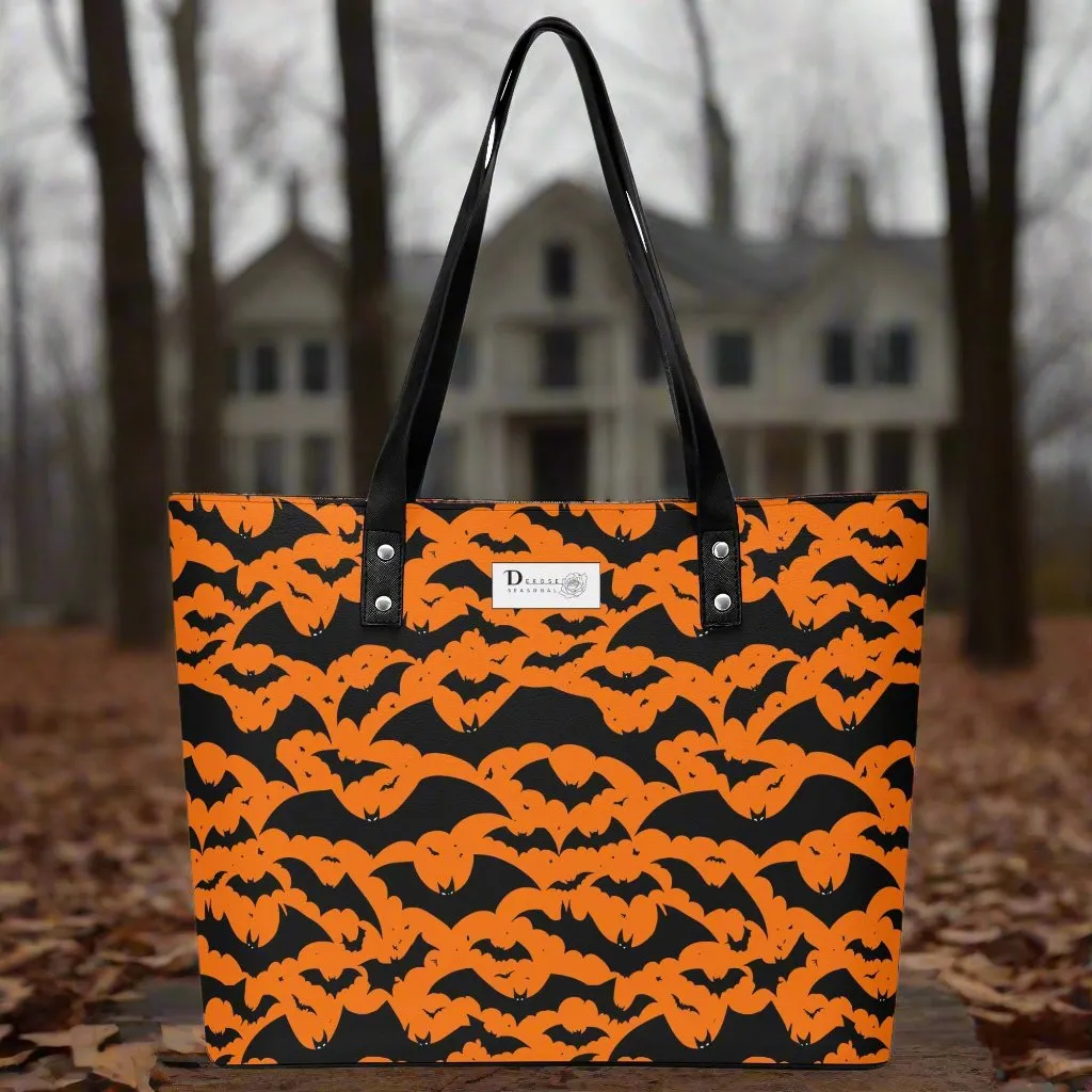 Womens Halloween Bats PU Leather Tote Bag with Front Zipper Pocket