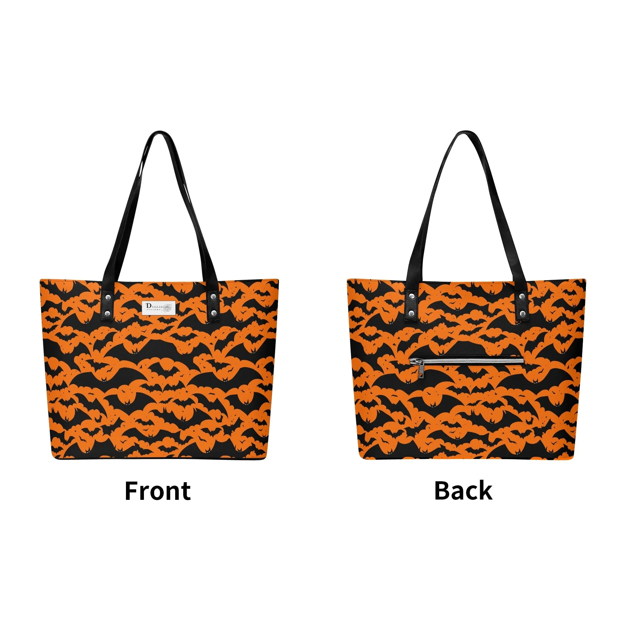 Womens Halloween Bats PU Leather Tote Bag with Front Zipper Pocket