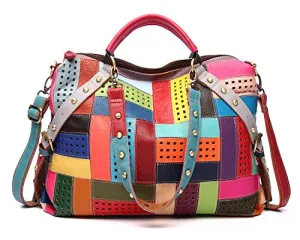 Women’s Multicolor Genuine Leather Patchwork Medium Boston Bag Tote Bag