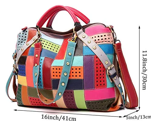 Women’s Multicolor Genuine Leather Patchwork Medium Boston Bag Tote Bag