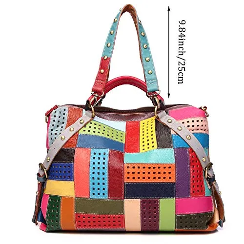 Women’s Multicolor Genuine Leather Patchwork Medium Boston Bag Tote Bag