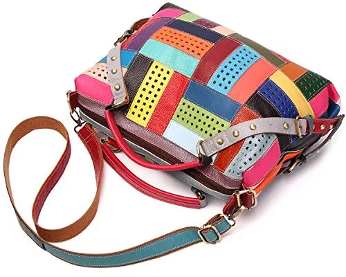 Women’s Multicolor Genuine Leather Patchwork Medium Boston Bag Tote Bag